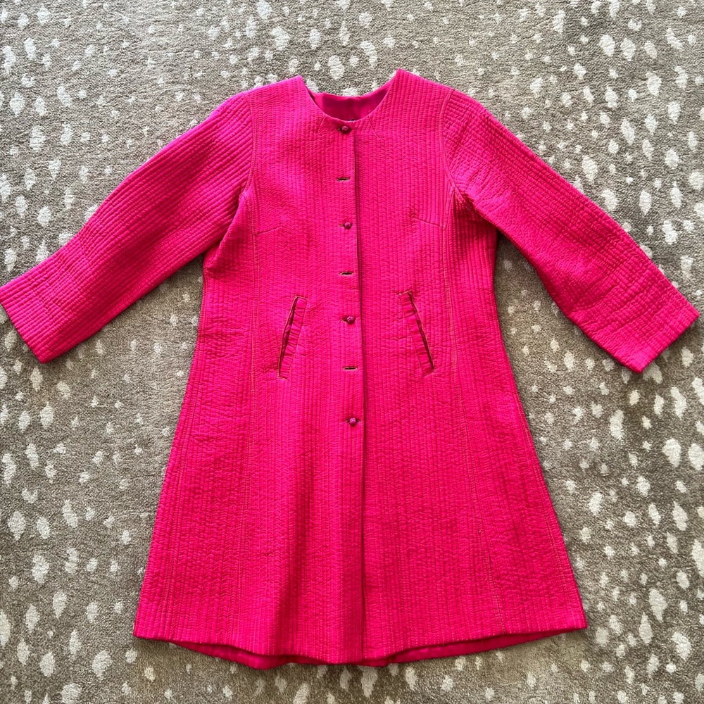 Wisteria quilted coat, topper jacket, hot pink with turquoise lining